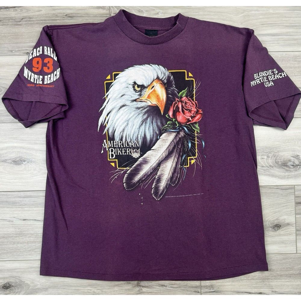 Vintage 3D Emblem American Biker Shirt XL 90s Eagle Rose Purple Harley Bike Week